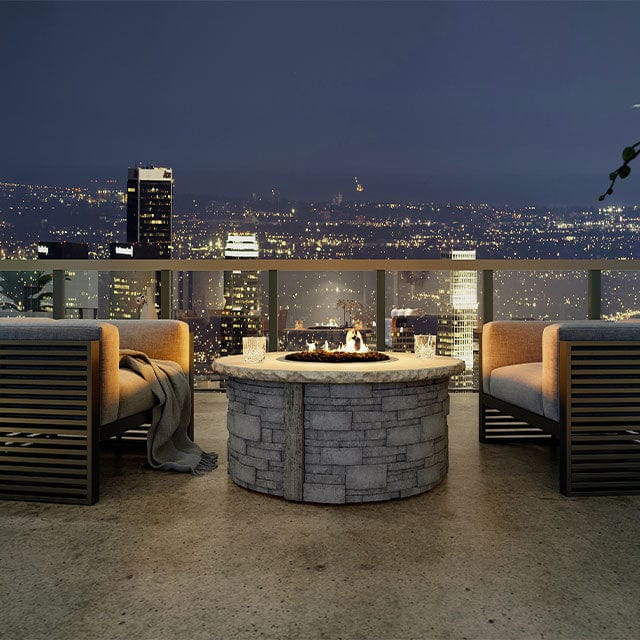 Nicolock 44" Ovation Round Smokeless Fire Pit Package with Surround in Stackstone Texture & Biscotti Tan Color