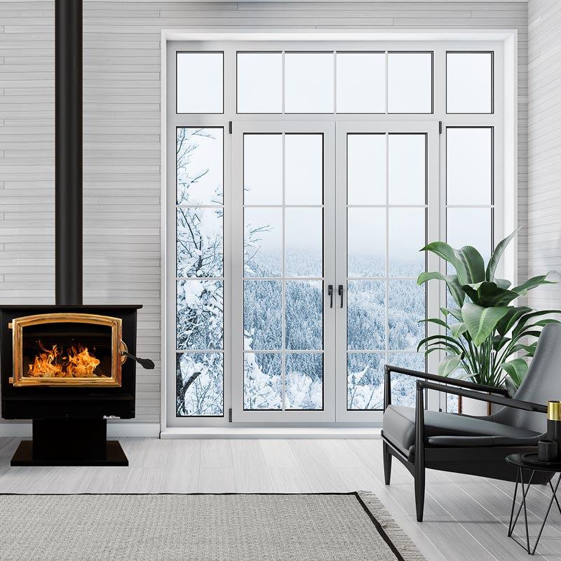 Buck Stove Model 74 Non-Catalytic and Blower Assembly Standard Wood Burning Stove With Gold Door Finish