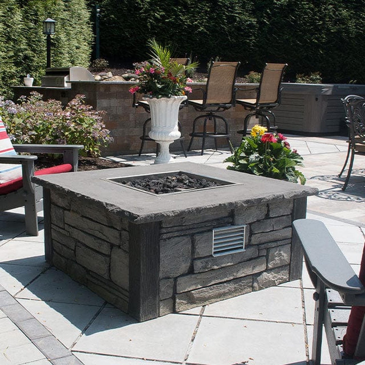 Nicolock 44" Encore Square Deluxe AWS Liquid Propane Fire Pit Package with Surround in Stackstone Texture & Bluestone Color
