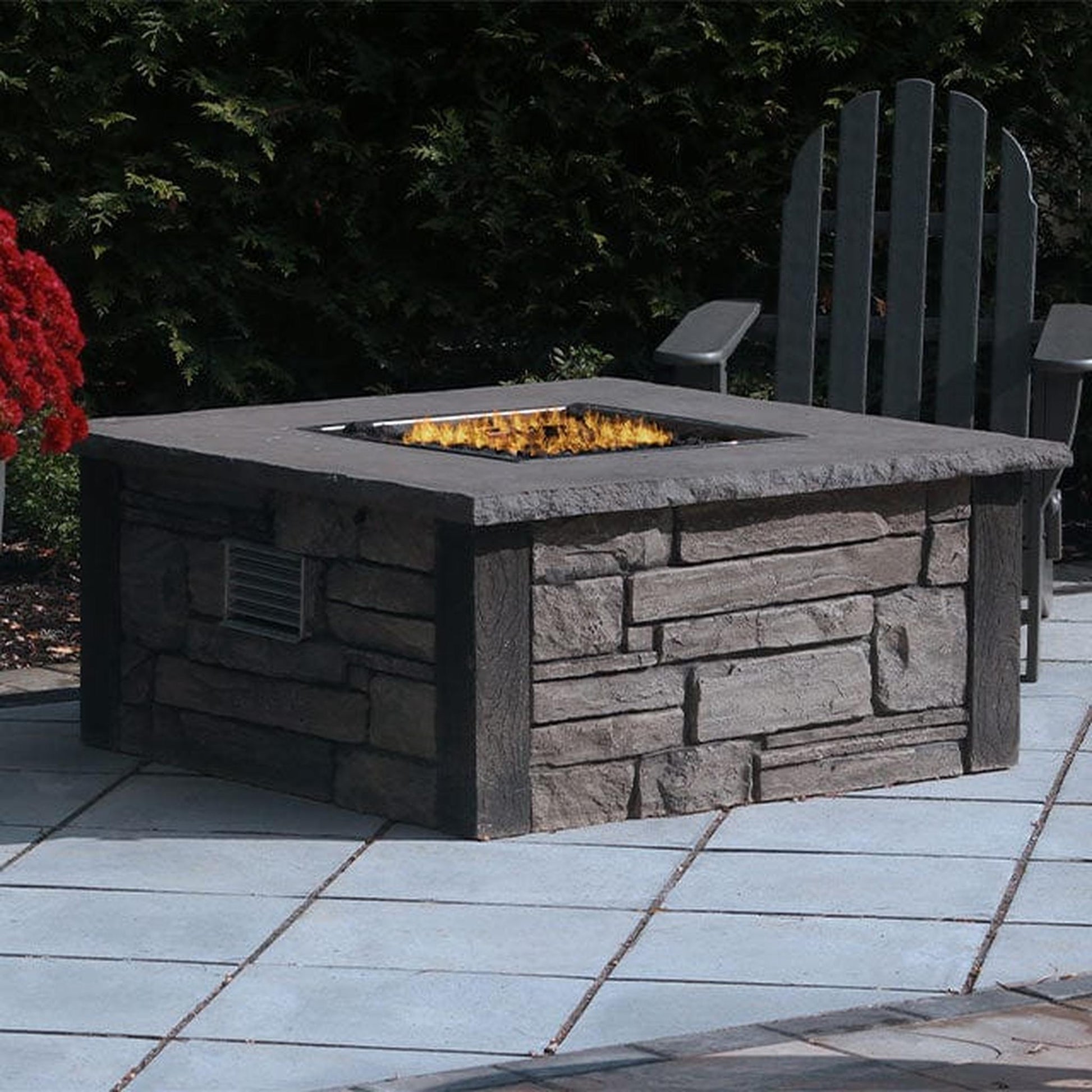 Nicolock 44" Encore Square Deluxe AWS Liquid Propane Fire Pit Package with Surround in Stackstone Texture & Bluestone Color