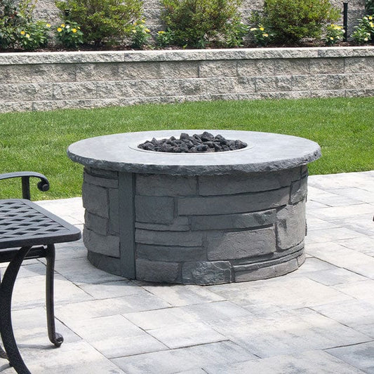 Nicolock 44" Ovation Round Smokeless Fire Pit Package with Surround in Stackstone Texture & Biscotti Tan Color