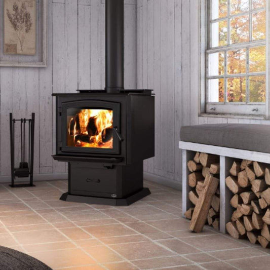 Osburn 3300 Wood Stove With Black Door Overlay & Pedestal With Ash Drawer