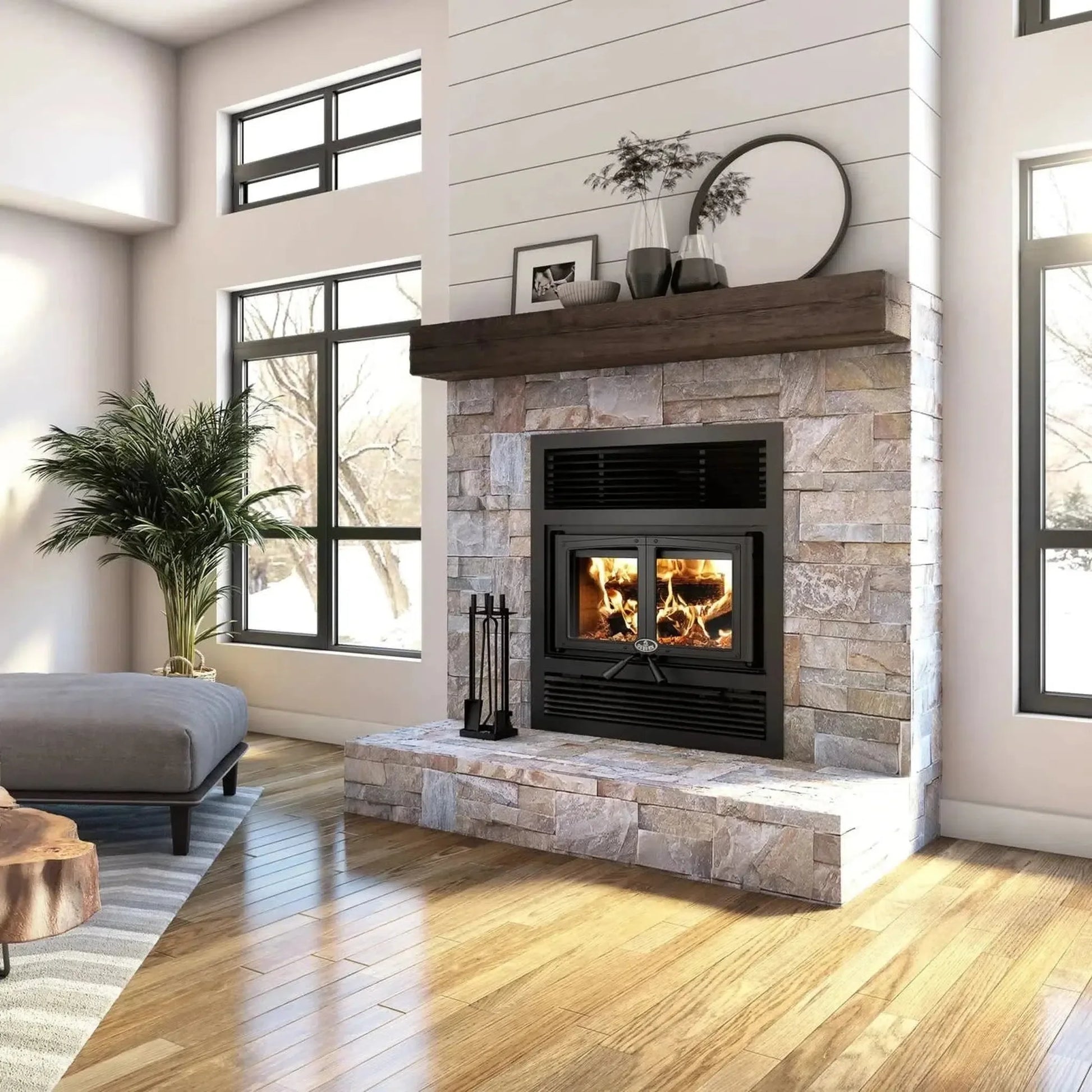 Osburn Everest II Wood Fireplace With Black Door Overlay, Traditional Faceplate & 4 Length of 6" x 36" Chimney