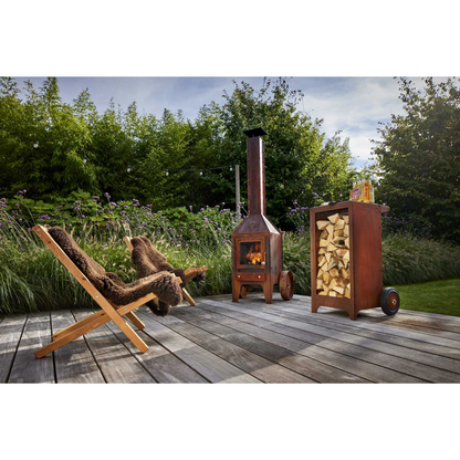 RB73 Bijuga 3mm CorTen Steel Fireplace With Two Wheels and a Push Bar