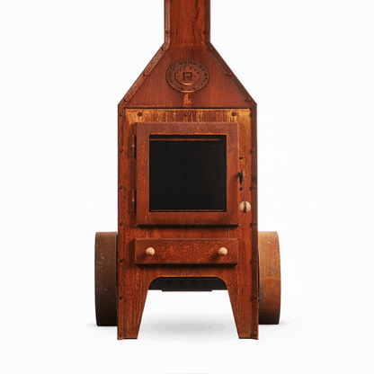 RB73 Bijuga 3mm CorTen Steel Fireplace With Two Wheels and a Push Bar
