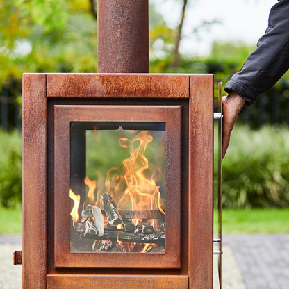 RB73 Quaruba XL MOBILE 4-Sided Glass Matte Stainless Steel Wood-Burning Outdoor Fireplace