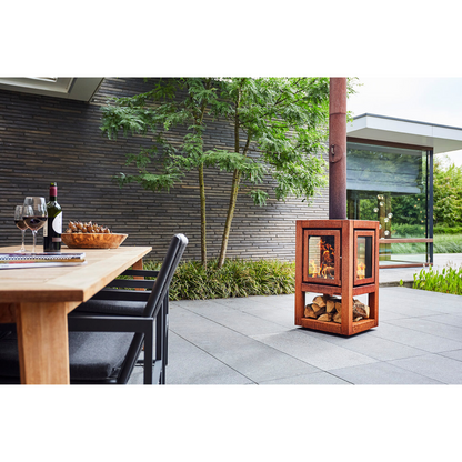 RB73 Quaruba XL MOBILE 4-Sided Glass Matte Stainless Steel Wood-Burning Outdoor Fireplace