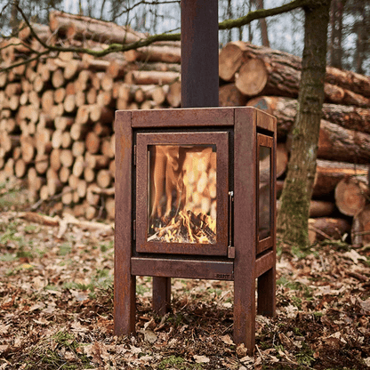 RB73 Quaruba XL MOBILE 4-Sided Glass Matte Stainless Steel Wood-Burning Outdoor Fireplace