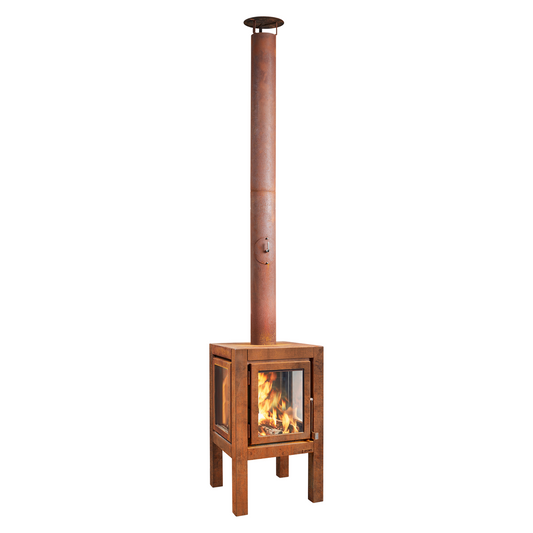 RB73 Quaruba XL MOBILE 4-Sided Glass Warm Brown CorTen Steel Wood-Burning Outdoor Fireplace