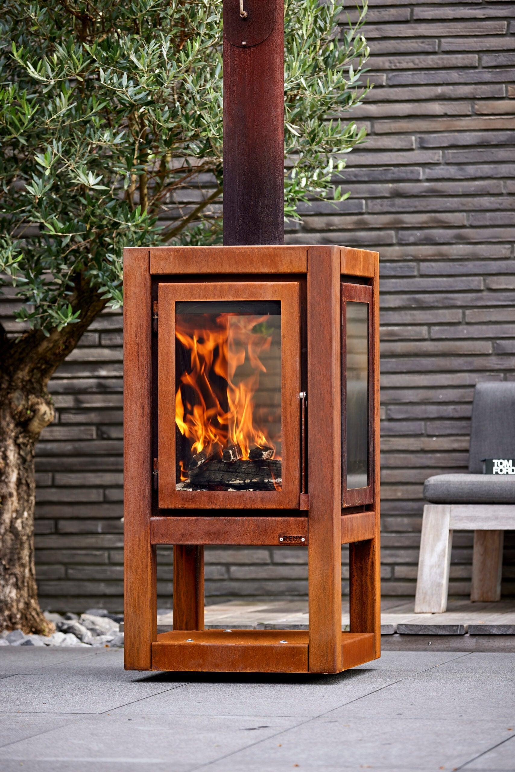 RB73 Quaruba XXL MOBILE 4-Sided Glass Matte Stainless Steel Wood-Burning Outdoor Fireplace