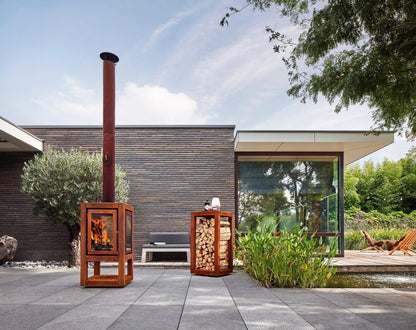 RB73 Quaruba XXL MOBILE 4-Sided Glass Matte Stainless Steel Wood-Burning Outdoor Fireplace