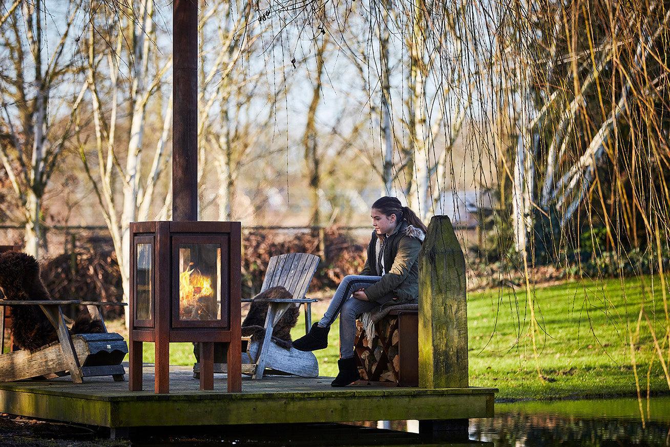 RB73 Quaruba XXL MOBILE 4-Sided Glass Matte Stainless Steel Wood-Burning Outdoor Fireplace