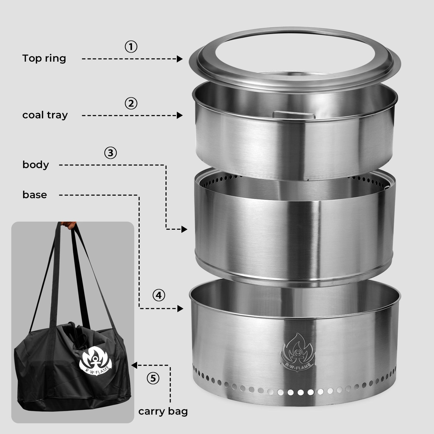R.W.FLAME 19" Stainless Steel Smokeless Wood Burning Round Fire Pit With Detachable Ash Pan and Carry Bag